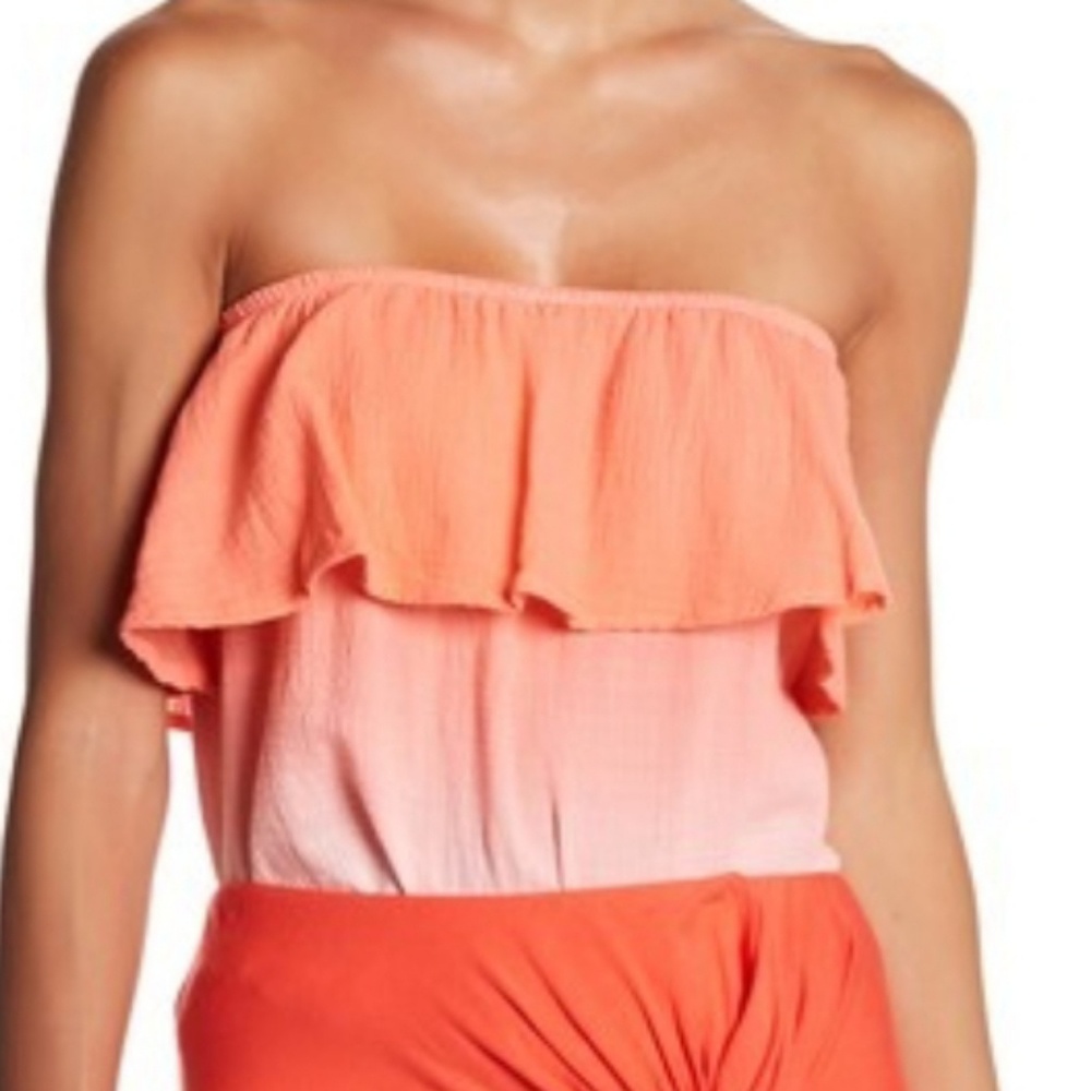 Socialite Strapless Ruffle Pop Over Top Flamingo